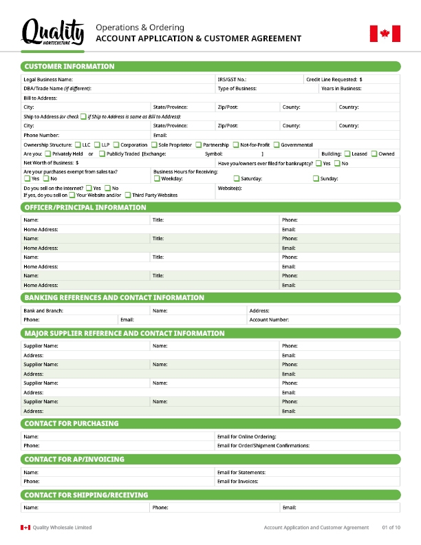 Cover page of Quality Horticulture's Canada account application form
