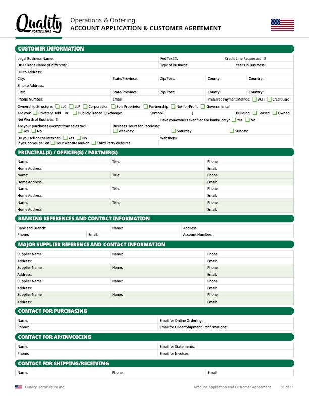 Cover page of Quality Horticulture's USA account application form