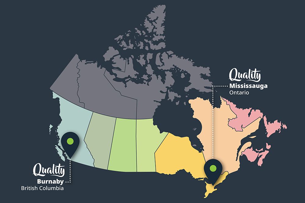 A map of Canada colour coded by province showing the locations of Quality Horticulture's two warehouse locations.
